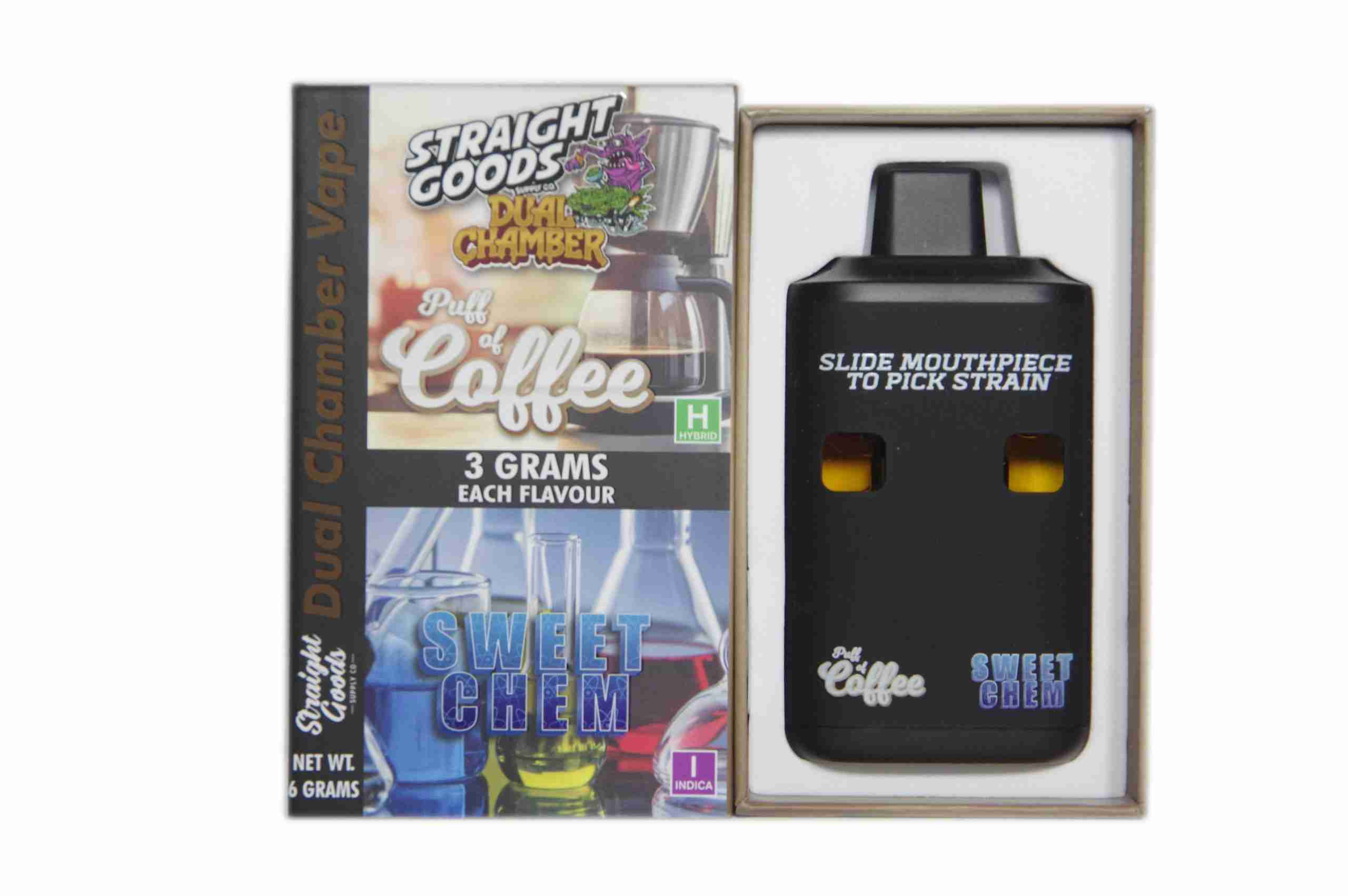 Straight Goods – Dual Chamber Vape – Puff of Coffee + Sweet Chem (3 Grams + 3 Grams) Straight Goods – Dual Chamber Vape – Puff of Coffee + Sweet Chem (3 Grams + 3 Grams) product image