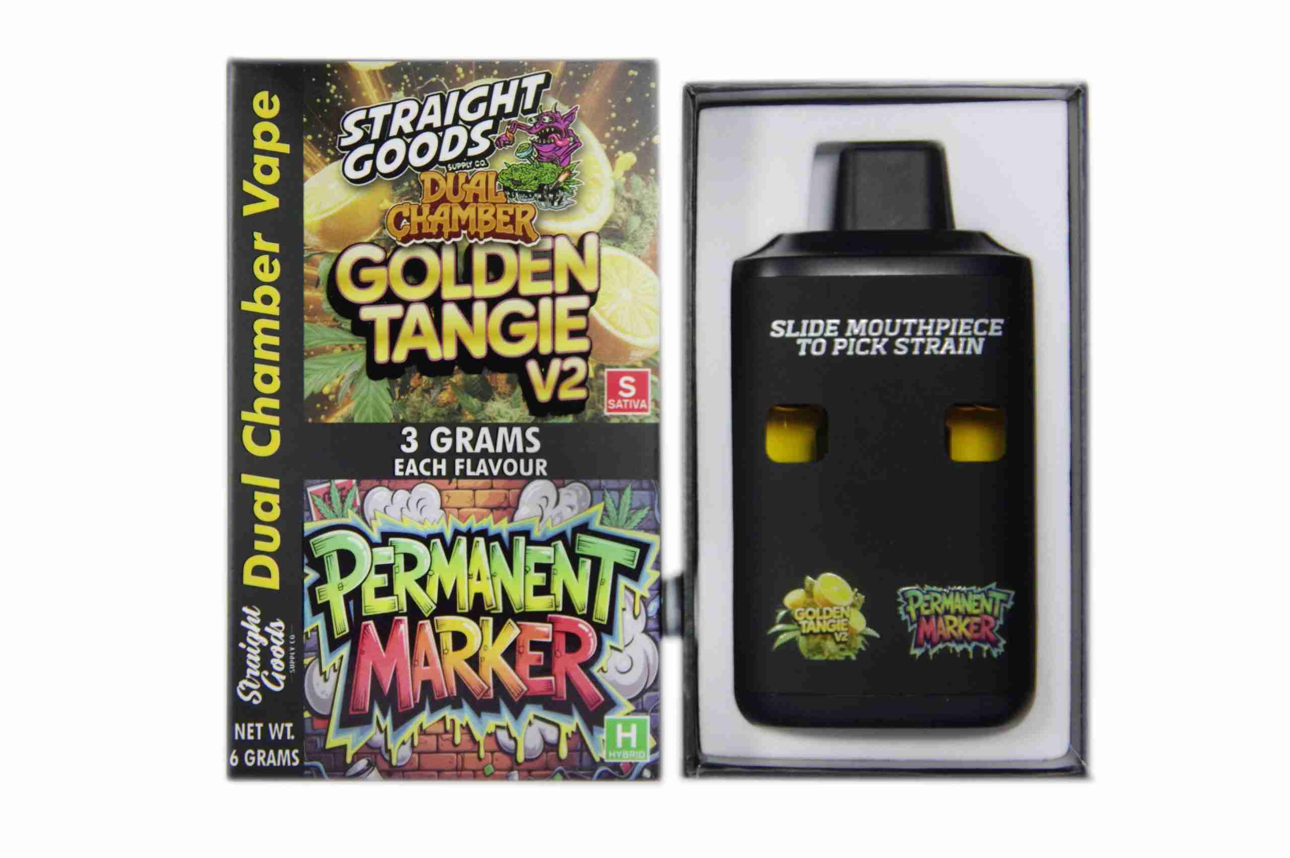 Straight Goods – Dual Chamber Vape – Golden Tangie V2 + Permanent Marker (3 Grams + 3 Grams) Straight Goods – Dual Chamber Vape – Golden Tangie V2 + Permanent Marker (3 Grams + 3 Grams) product image