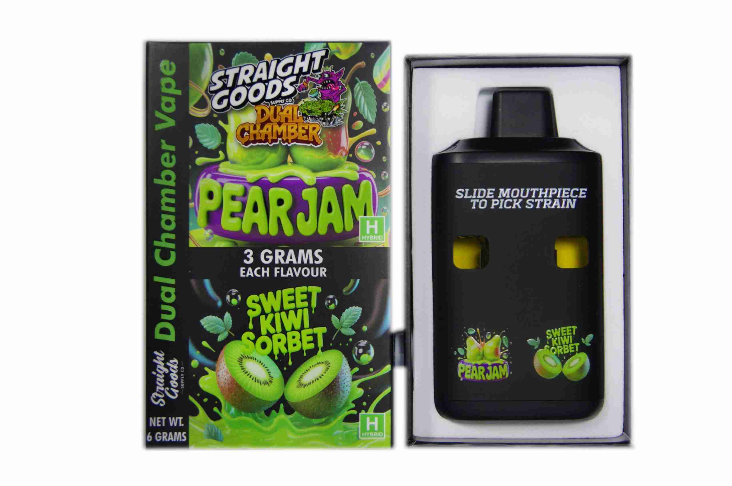 Straight Goods – Dual Chamber Vape – Pear Jam + Sweet Kiwi Sorbet (3 Grams + 3 Grams) Straight Goods – Dual Chamber Vape – Pear Jam + Sweet Kiwi Sorbet (3 Grams + 3 Grams) product image